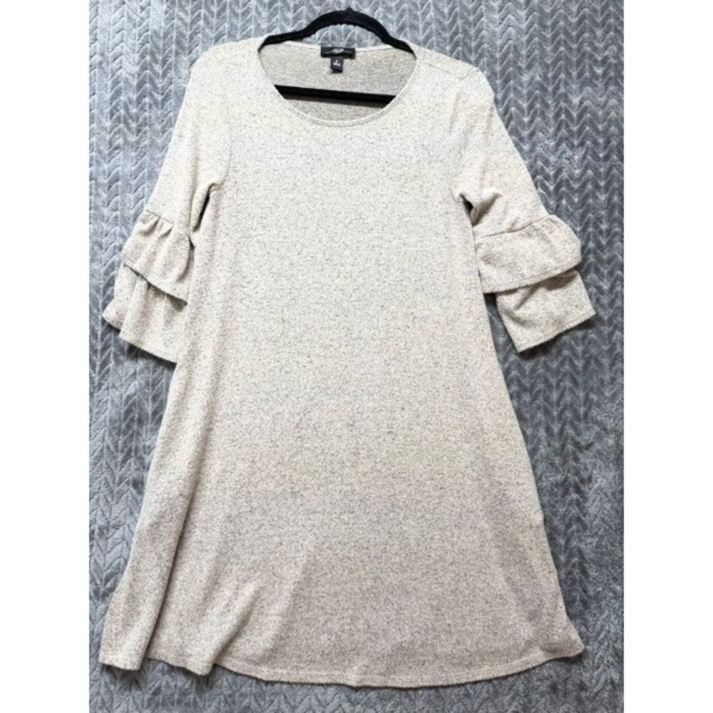 AGB Dress Womens Small Gray Heathered Knit Tiered Ruffle Bell Sleeve A-Line 0447